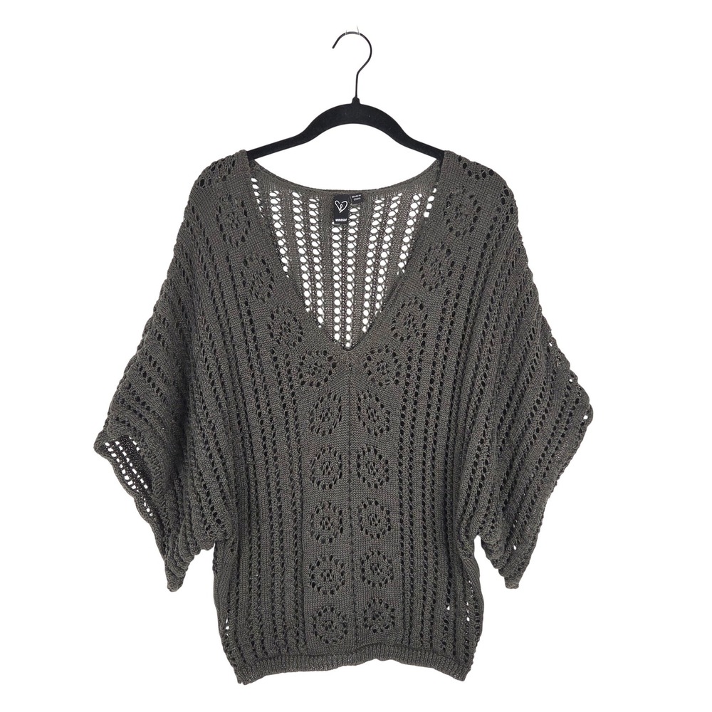 Dark Olive Green‎ Crochet Knit Batwing Sleeve Sweater Small Boho Cottagecore